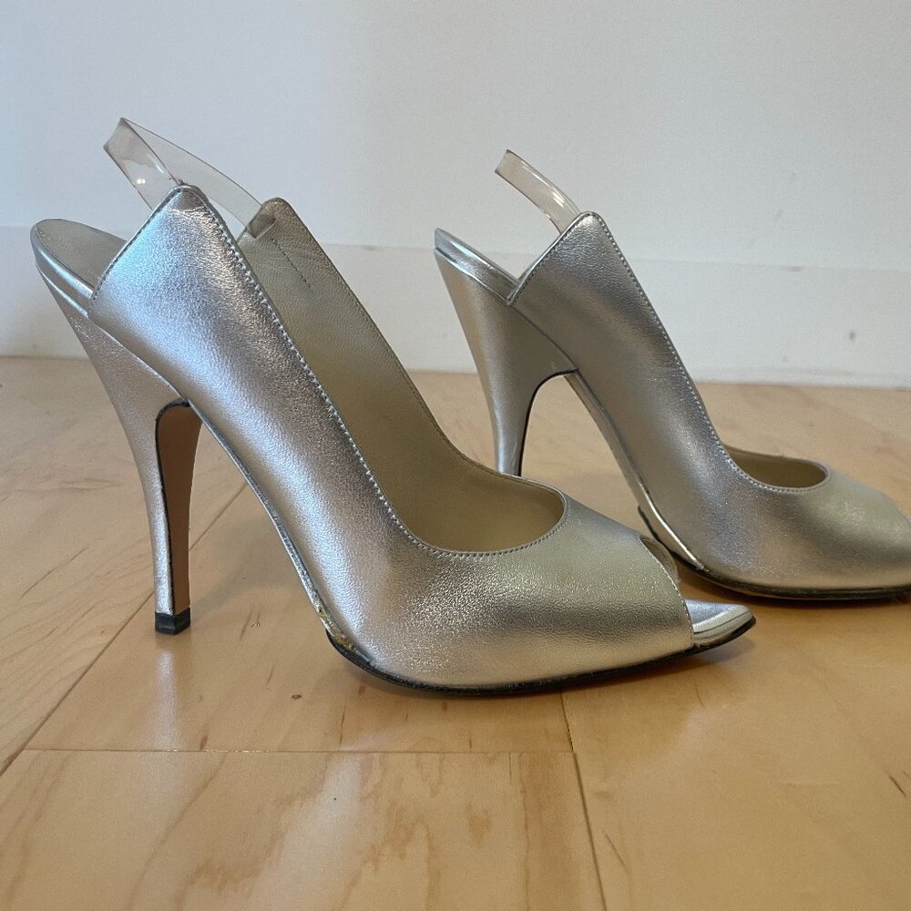 Vintage Metallic Silver Gucci Open Toe Sling Back Heels, Size 6.5 $285